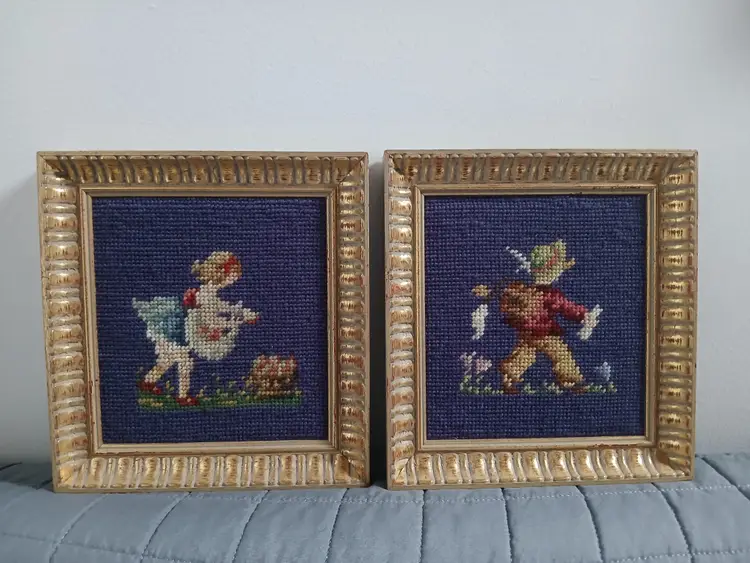 Vintage Pair Needlepoint Framed Children Boy & Girl Wall Art