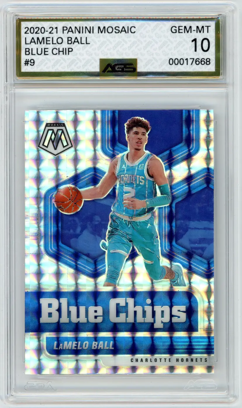 2020-21 Panini Mosaic LaMELO BALL RC Rookie Blue Chip Prizm #9 HORNETS AGS 10 GEM-MT