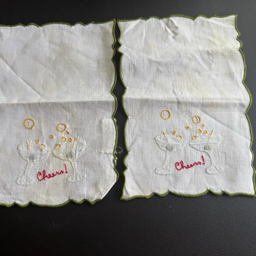 2 Embroidered Cocktail Linen Napkins, 5”x8”