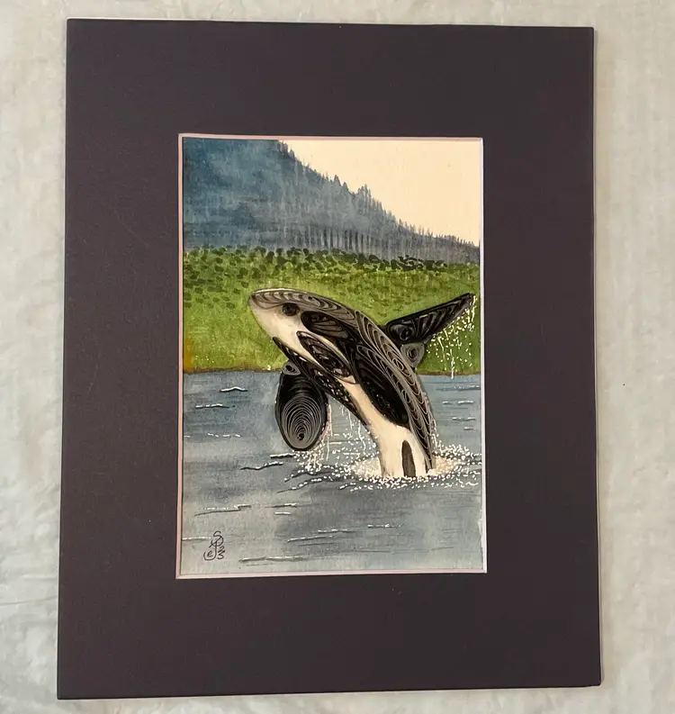 Original watercolor orca whale with quilling on orca, 5 x 7” in 8x10” matte