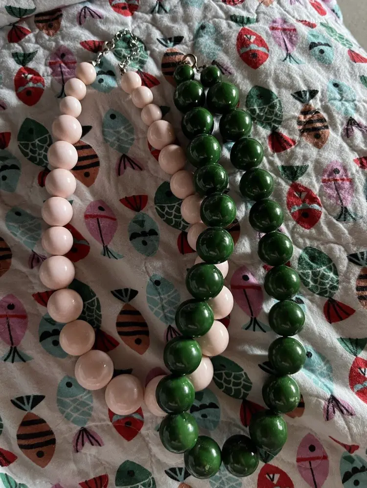 Vintage Wood Bead Necklaces One Green And One Pink Lot 2 MCM Jewelry
