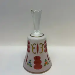 Vintage Bohemian Czech Cased Glass Bell Hand Painted Floral Cut to Pink