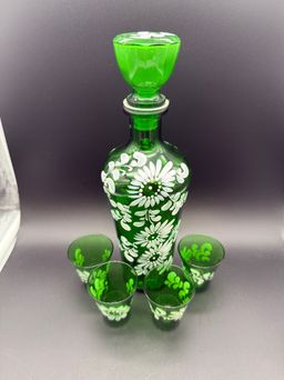 Vintage Italian Hand Blown Green Art Glass 10.75" Painted Decanter with 4 Cordials
