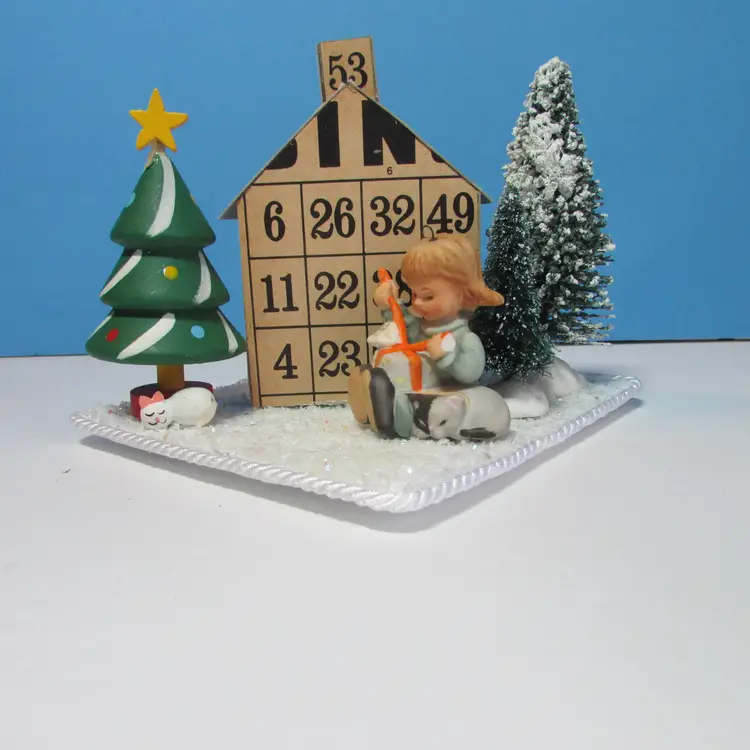 vintage crafted Bingo card house with cat Christmas tree and girl winter scene