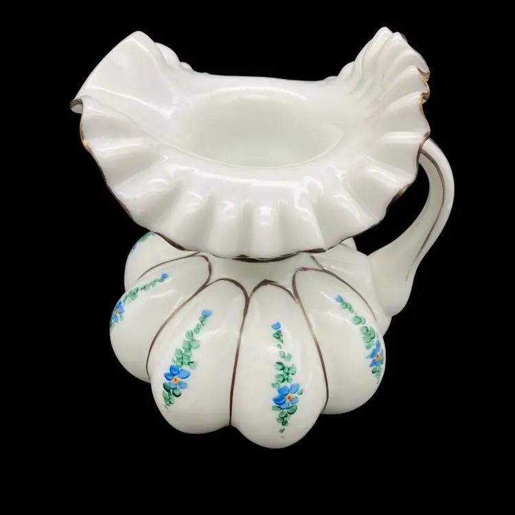 BIN - Vintage Fenton Tyndale Gold Ruffle Hand Painted Milk Glass Melon Pitcher 8”