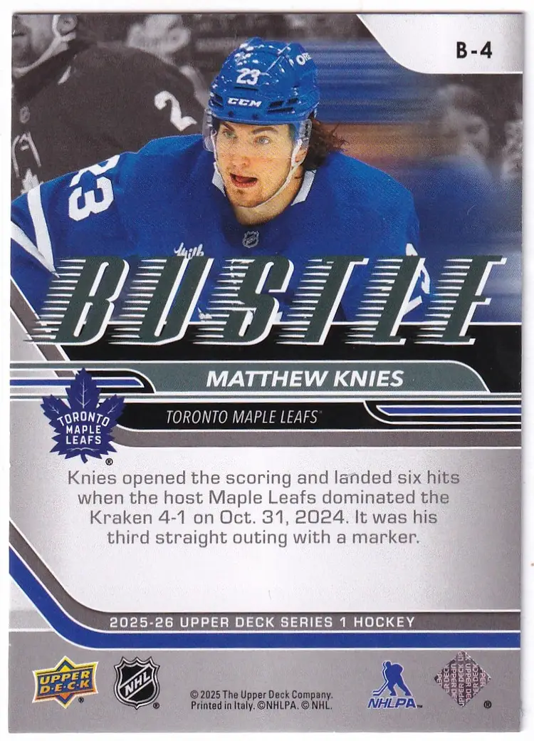 2025-26 Upper Deck Bustle #B4 Matthew Knies Toronto Maple Leafs Hockey Card