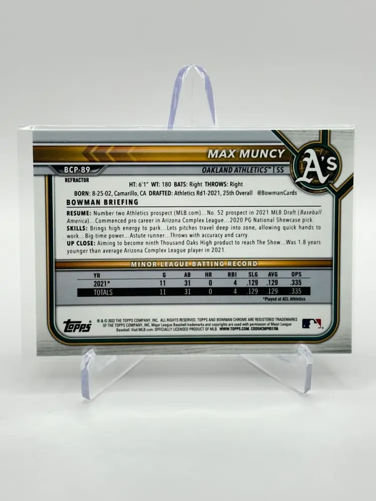 Max Muncy • 2022 Bowman- 1st Chrome Prospect Refractor /499 • Oakland Athletics (A’s)