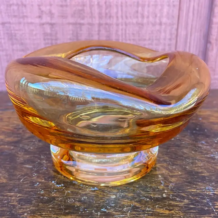 MCM Art Glass Freeform Amber Pedestal Ashtray. Three Ports.