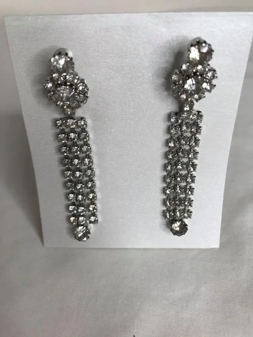 Vintage Rhinestone Pierced earrings 3 dangling strands Estate Costume Jewelry