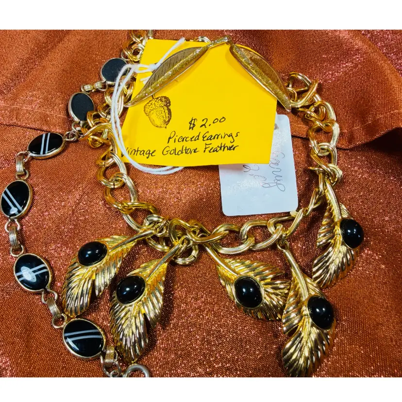 Lot 3 Piece Gold Tone & Black - 1 Pierced Earrings- 1 Necklace- Bracelet