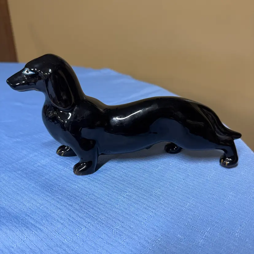 Dachshund Dog Figurine Red Clay Black Glossy Ceramic Blue Eyes 9” long