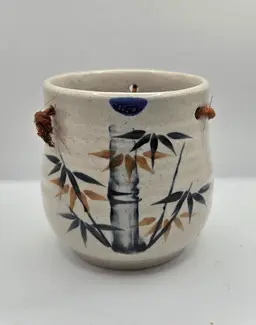 Beige Pottery With Handpainted Bamboo(1960s/1970's) Hanging Plant Pot.3.5" x 4"wide. Original Jute Hanging Strings.