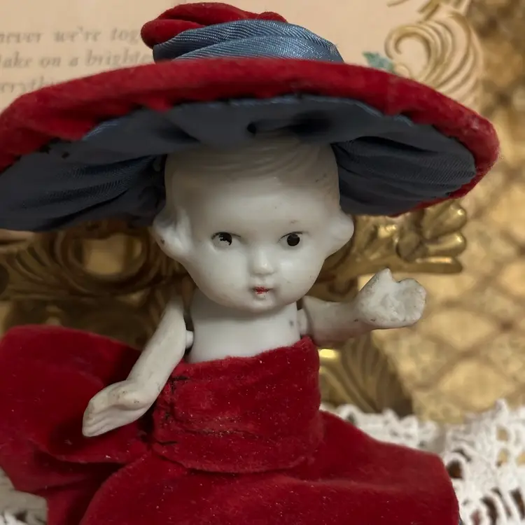 Vintage Small Bisque Jointed Doll Velvet Dress And Hat