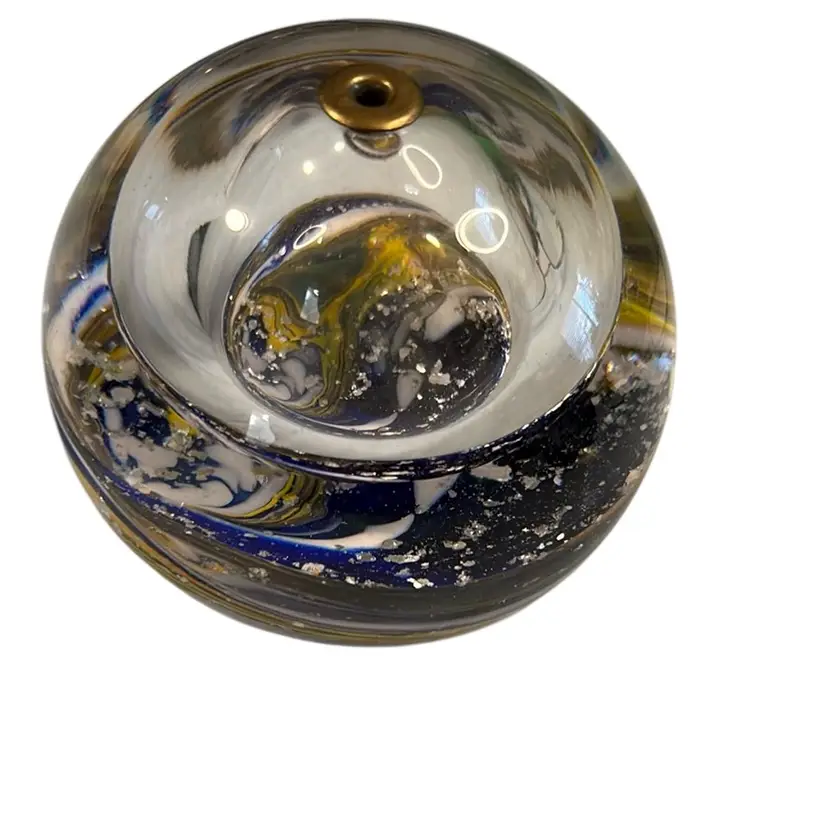Blown Glass Eternal Flame Oil Lamp Paperweight 3” Across And 2 1/2” High Blue, White And Yellow Galaxy