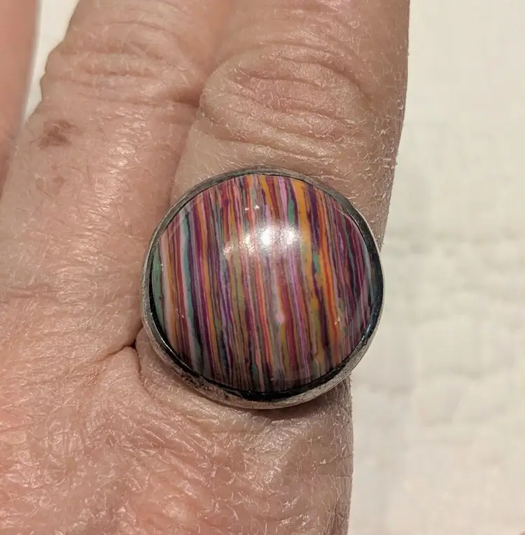 Vintage Sterling Silver Ring with Striped Red Casilica Cabachon, Size 8.25