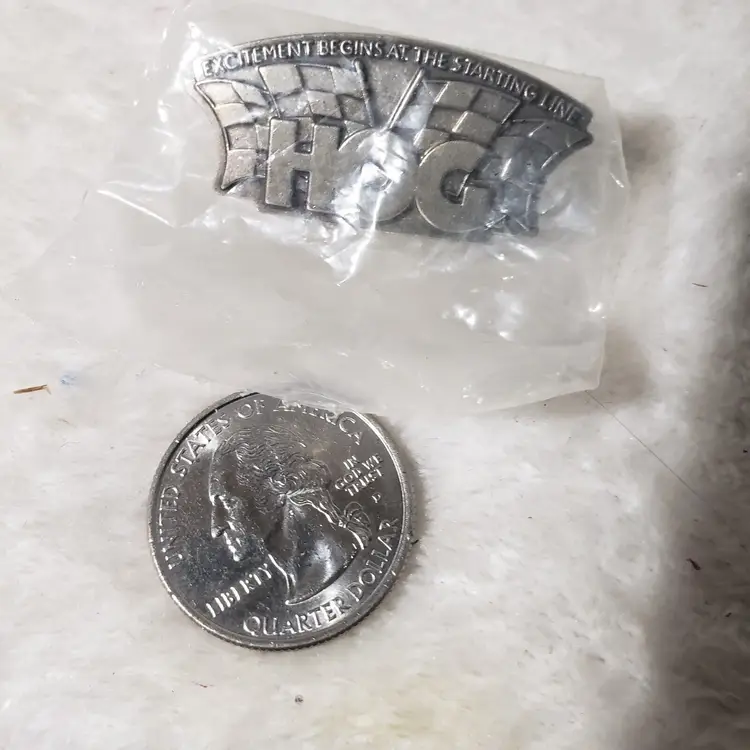 HARLEY OWNERS GROUP HOG " EXCITEMENT BEGINS AT THE STARTING LINE" SILVER PIN