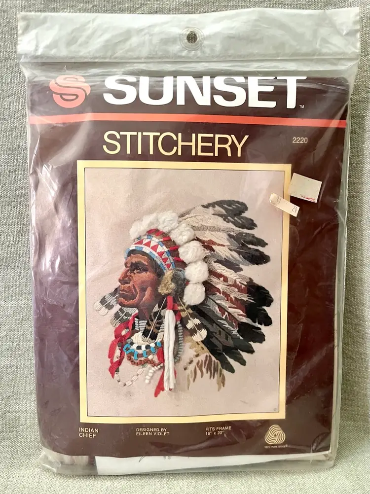 1979 Sunset Stitchery Indian Chief Crewel Embroidery Kit #2219 New Old Packing