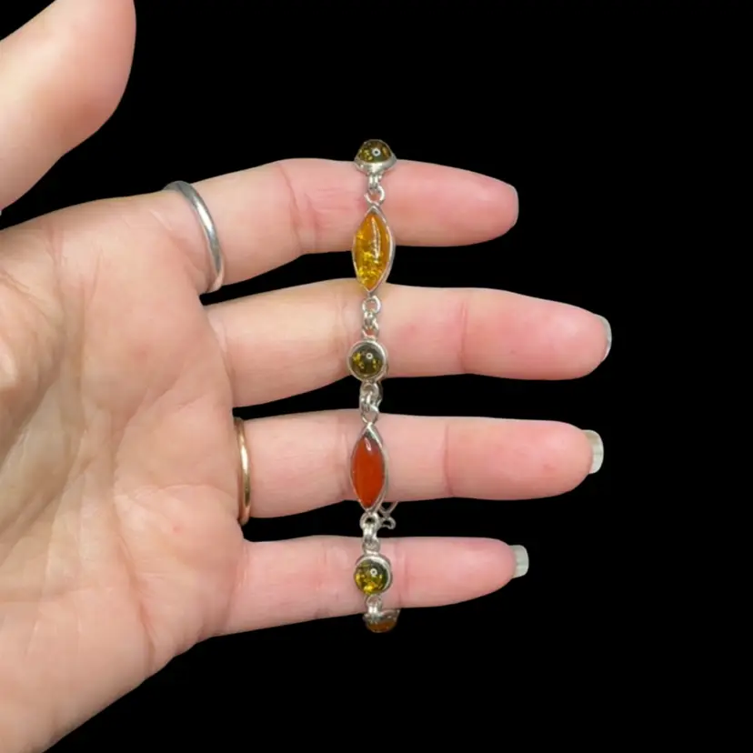 Vintage Sterling Silver Baltic Green, Yellow and Red Amber Bracelet 8”, 8.9g