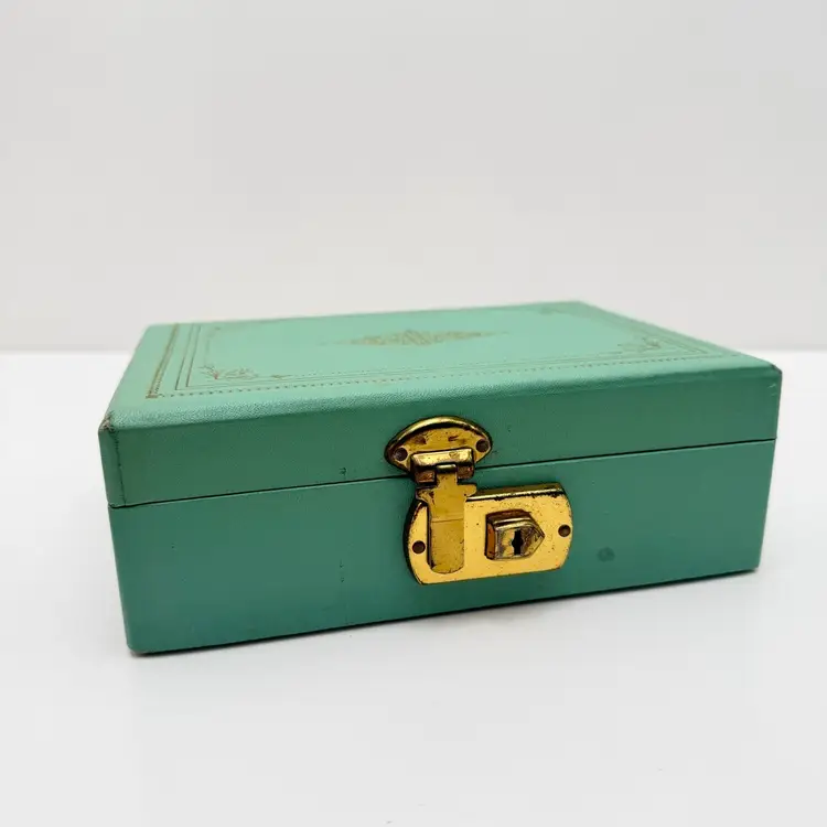 Pale Green And Good Vintage Jewelry Box With Pink Interior