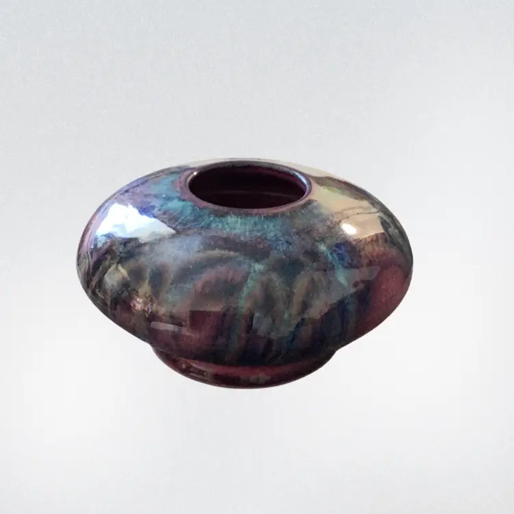 Gorgeous Ikebana Stout Pottery Vase With Amazing Blues And Purples And Pinks Signed Banduulun