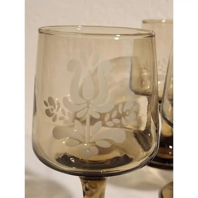 Vintage Pfaltzgraff Village Etched Amber Wine Glass Set