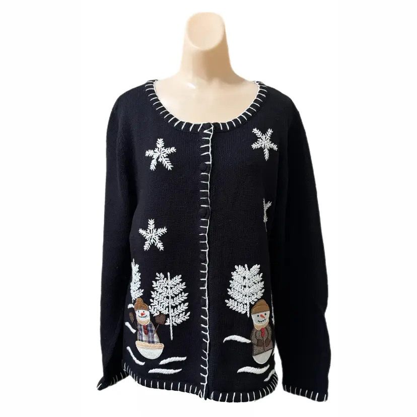 Le Moda Medium Cardigan Sweater Embellished Snowman Holiday Ugly Christmas Vintage