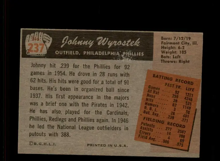 1955 Bowman #237 Johnny Wyrostek - (pk-tl3) - Philadelphia Phillies