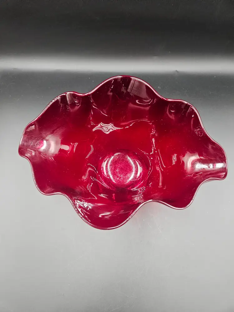 Red Hand Blown Ruffled Footed Vase