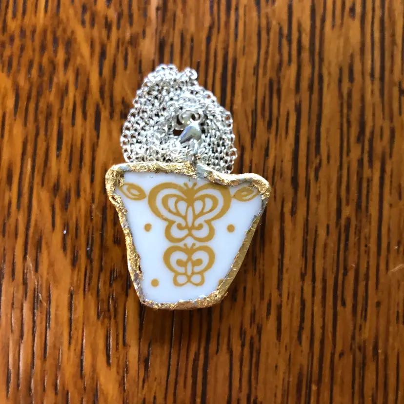 Oodelally Shop Broken Plate Corelle Butterfly Gold Artisan Made Pendant  1 1/8in x 1in