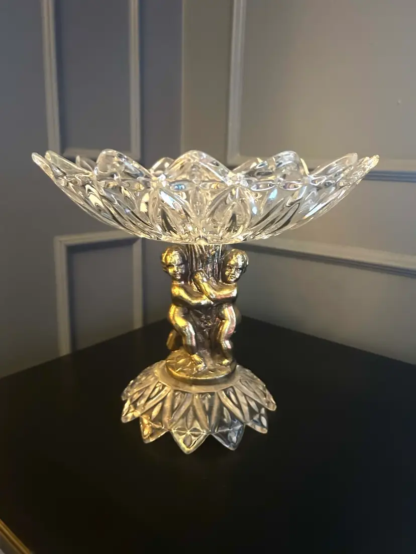 🖤Glass and Brass Cherub Compote Pedestal Dish