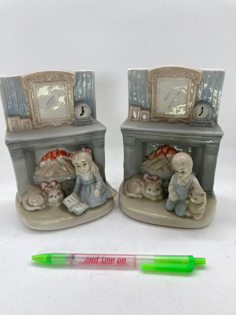 Vintage Porcelain Fireplace Bookends
Young boy, girl, and cat