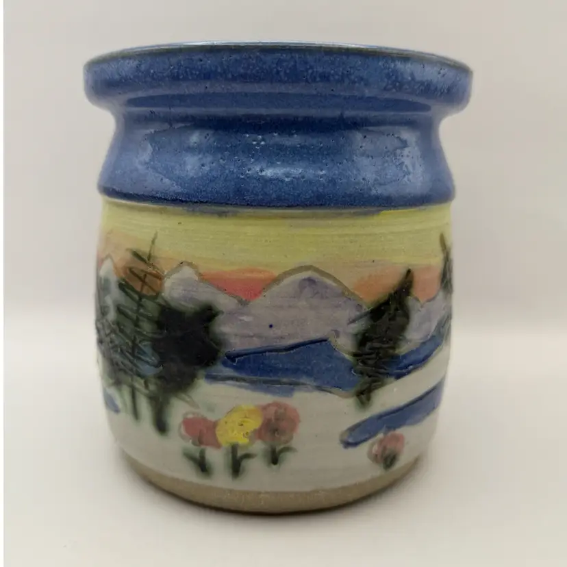 Artisan Signed Handmade “Mountain Scene “ Pottery Pot