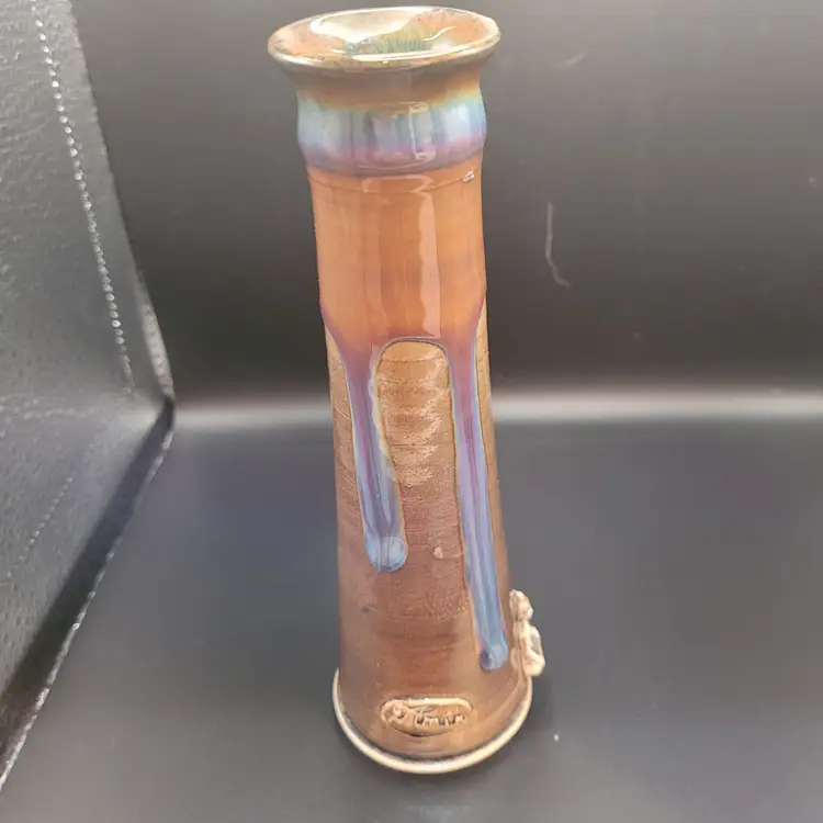 Signed Amir Studio Pottery Hand Thrown Bud Vase W/Small Figure on Side 7.75 in Tall