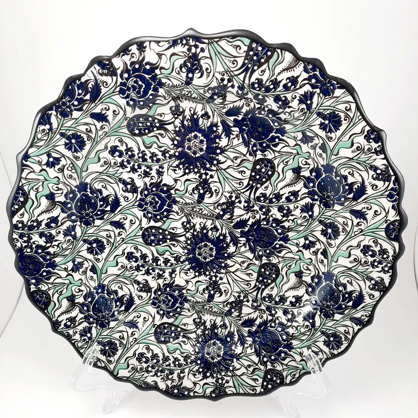 Nakkas Handpainted Turkey Navy Blue, Green & White Floral Scalloped Rim Serving Plate