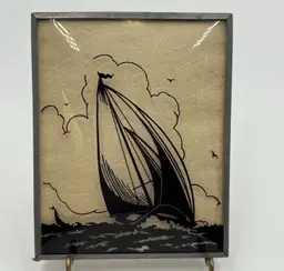 Vintage Convex Bubble Glass Reverse Painted Silhouette Sailing Boat 4” X 5”.