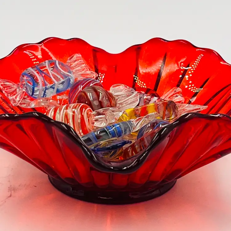 BVAMPERS - Don't Eat The Candy! Ruby Red Indiana Glass Bowl with ALL this Diet Candy