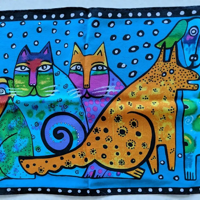 Vtg Laurel Burch Silk Scarf Dogs Puppies Cats Kittens Bright Whimsical Rectangle