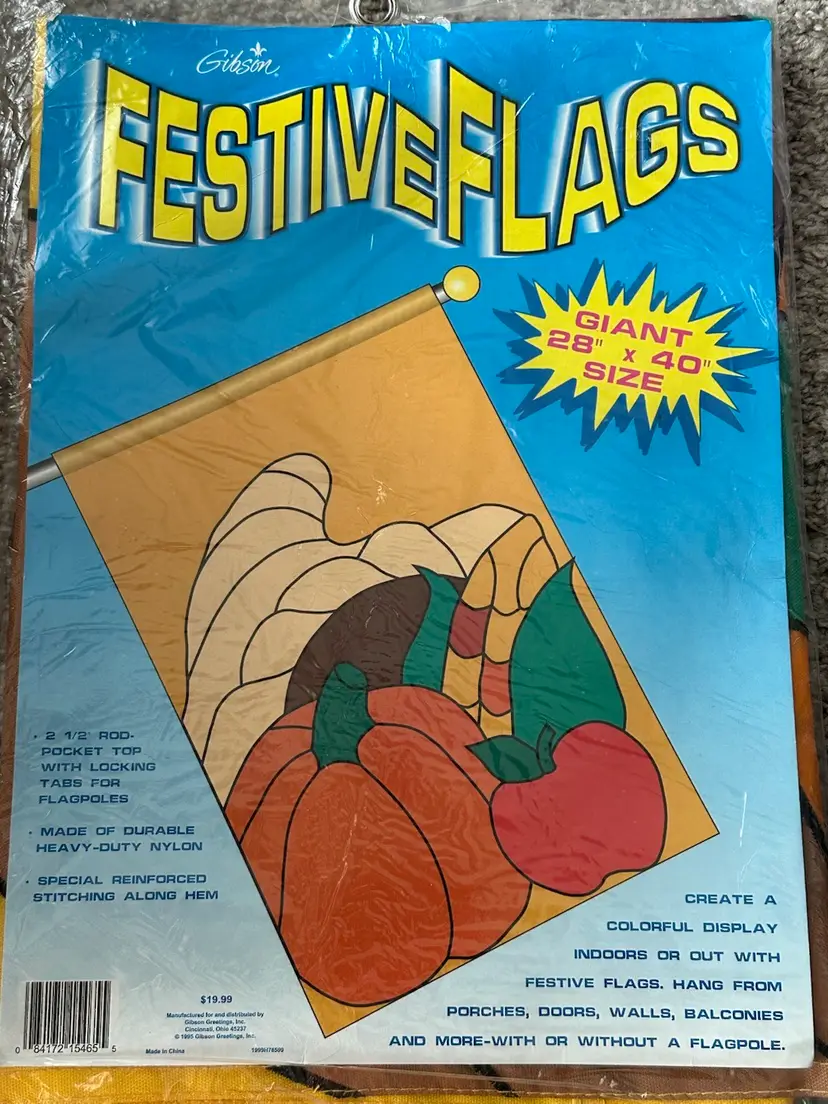 NOS 1995 Gibson Happy Fall Harvest Yard Flag Pumpkin Cornucopia  28x40"