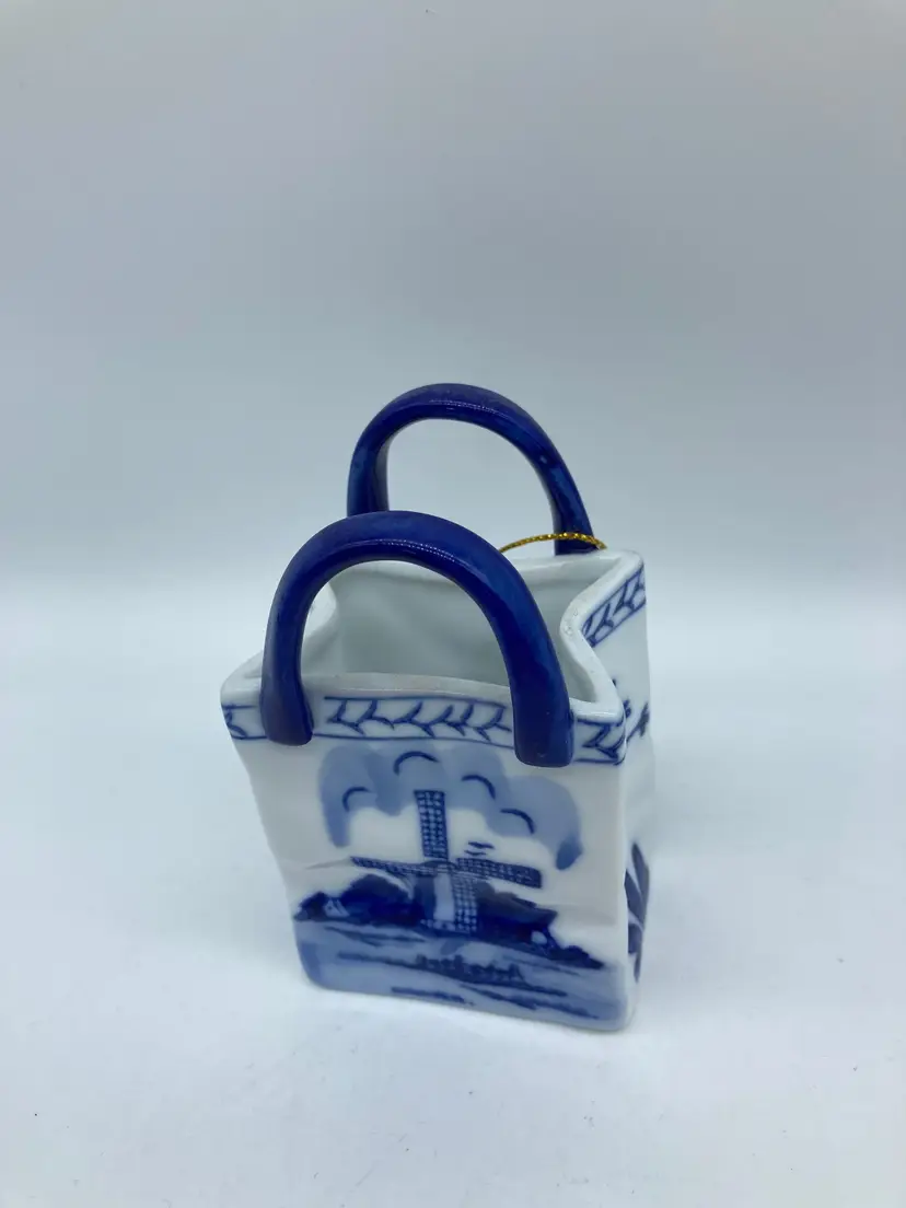 Vintage Hand Painted Delft Blue White Windmill Holland Porcelain Bag Decor
