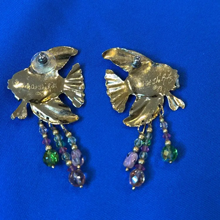 Lunch at the Ritz Coral Color Enamel Fish Drop Pierced Earrings Circa 1989