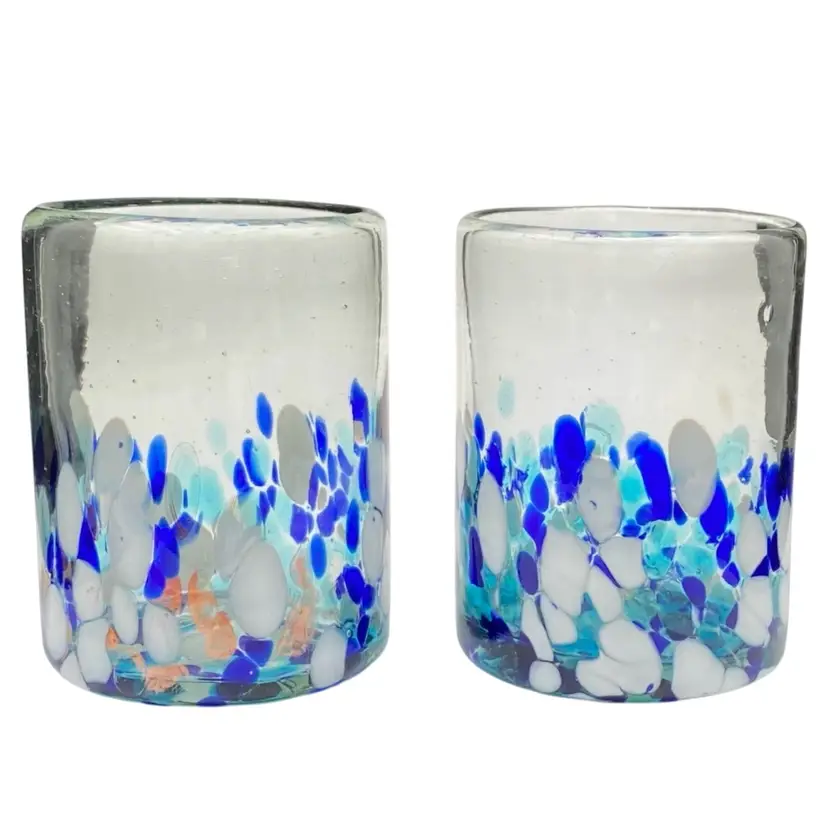2 Handblown Glass Confetti Tumblers, Blue/Aqua/White/Brass Frit, Heavy, Mexico