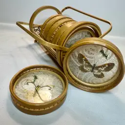 Vintage 1970's Pressed Butterfly Bamboo Coaster SET Caddy 7 PC Retro Japan As Is