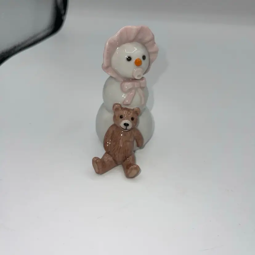 Royal Copenhagen, Pink Baby Girl Snowman With Teddy Bear Figurine RARE! 3.5”