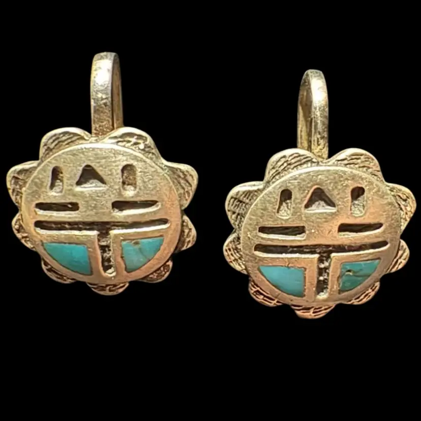 Vintage Hopi sterling silver overlay mask earrings with turquoise stone inlay.