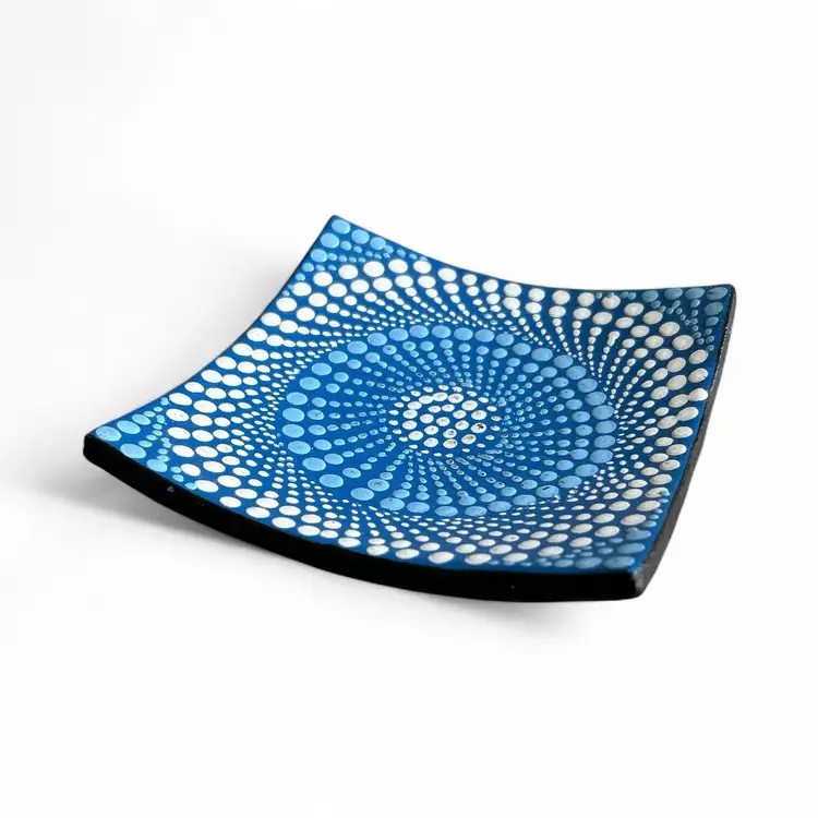 Large And Small Hand Painted Redware Trinket Dish With Blue Polka Dots