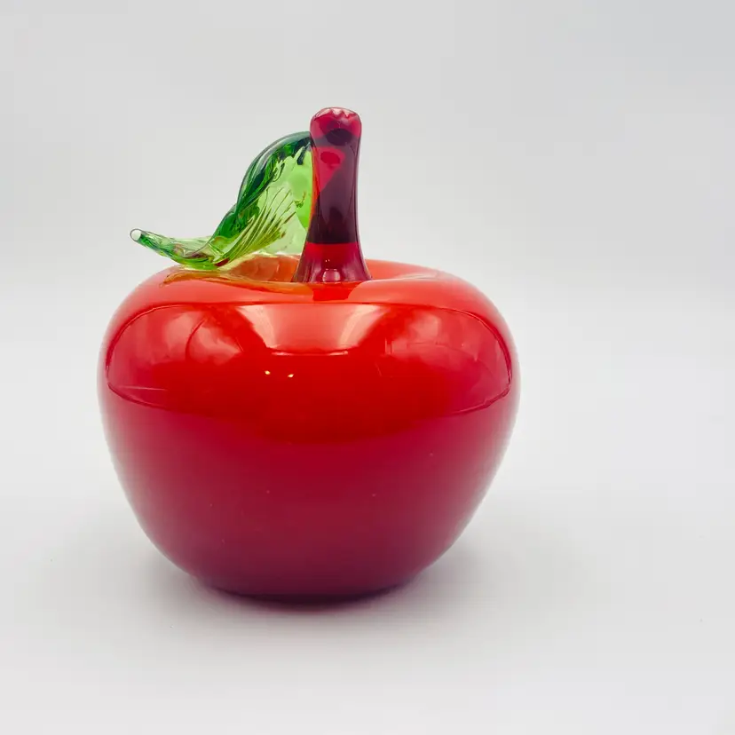 Vintage Apple Red Art Glass Paperweight Concave Bottom Blown Glass