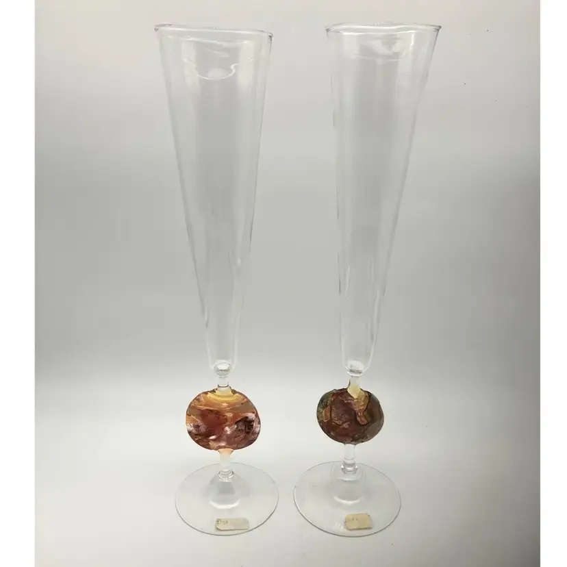 BIN - Amazing Pair Of Hand Blown Art Glass Champagne Flutes With Earth Tone Art Glass Disc 14.25” Tall(!)