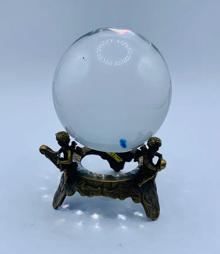 VINTAGE 3" CRYSTAL BALL WITH Brass Cherub Stand - 4.5 Inches Tall