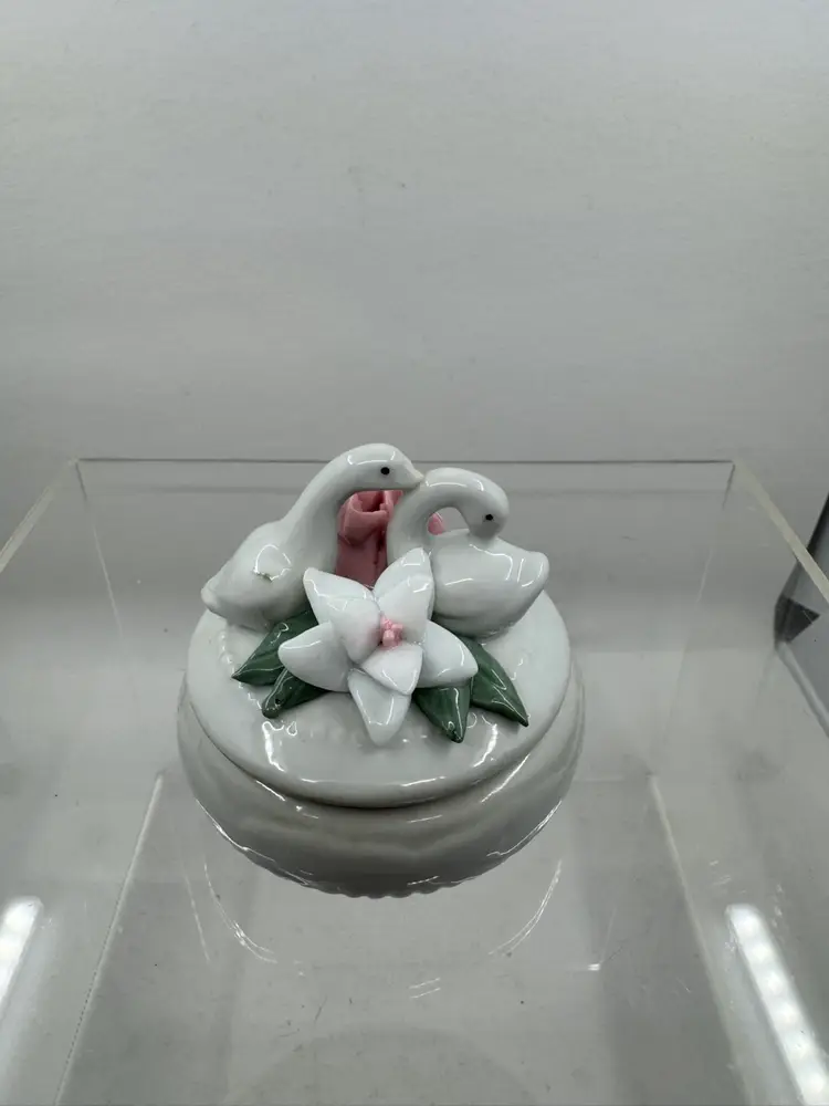 Swan And Floral Porcelain Trinket Dish, 2.5” Tall