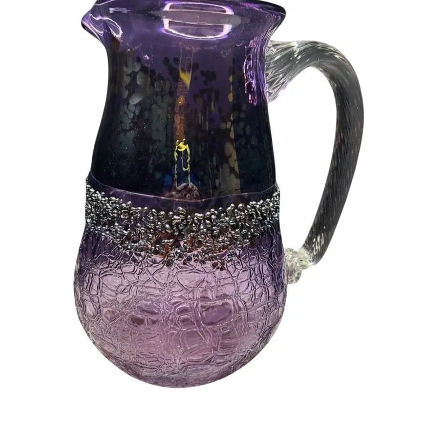 #01 Hand blown Purple Crackle Look Pitcher With Silver Art Band With Applied Handle Signed
